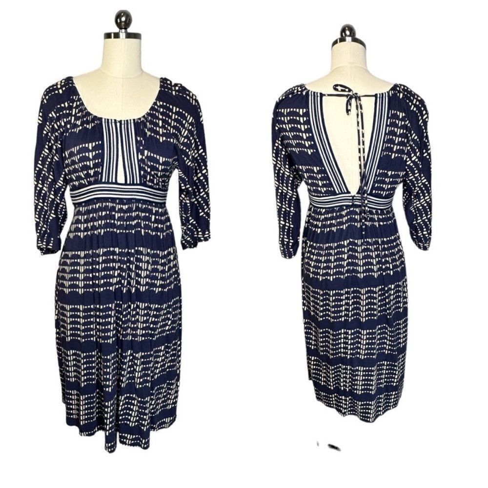 Anthropologie Plenty Blue and White Puff Sleeve Midi Dress | Size S